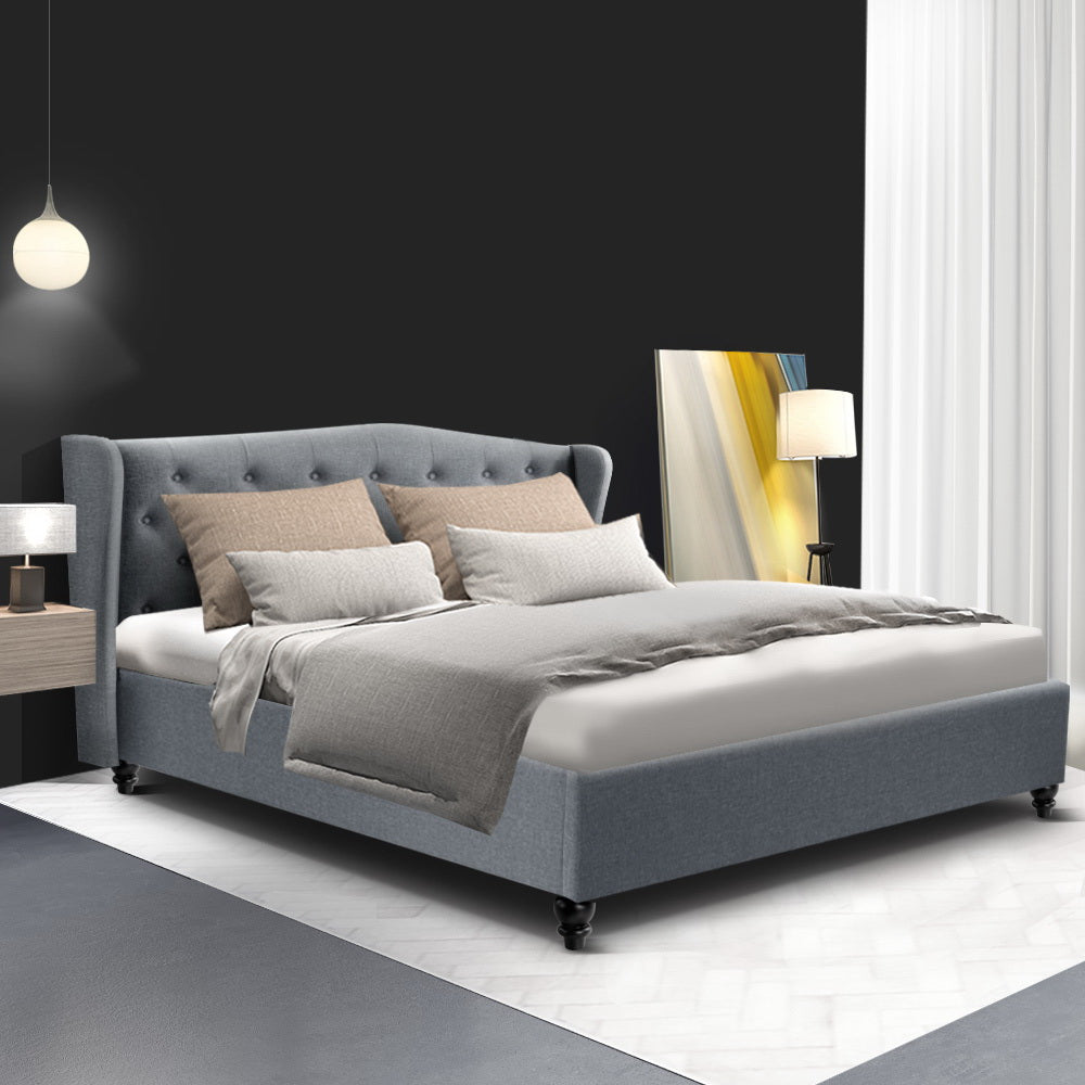 Queen Size Bed Frame With Bedhead - in Grey Fabric