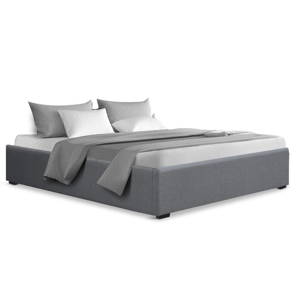 Queen Bed Frame With Gas Lift Storage - Grey Fabric Upholstery
