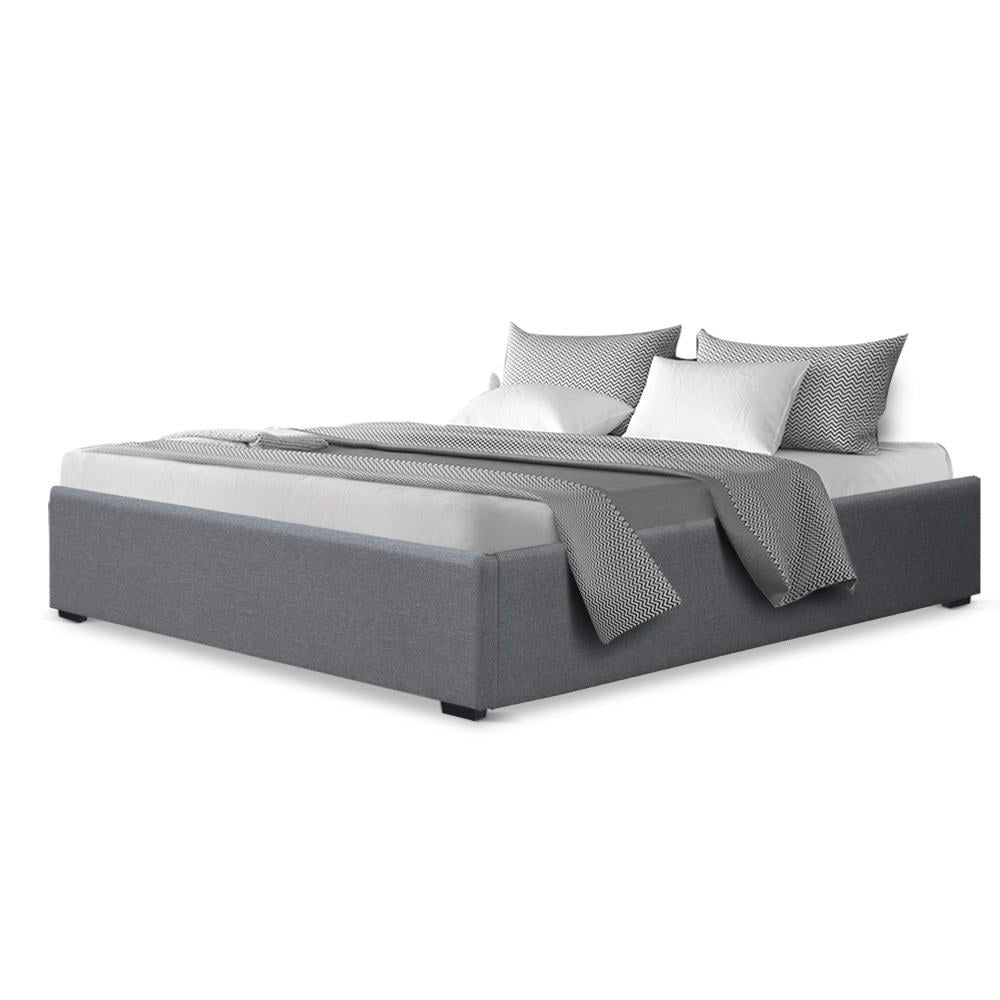 Queen Bed Frame With Gas Lift Storage - Grey Fabric Upholstery