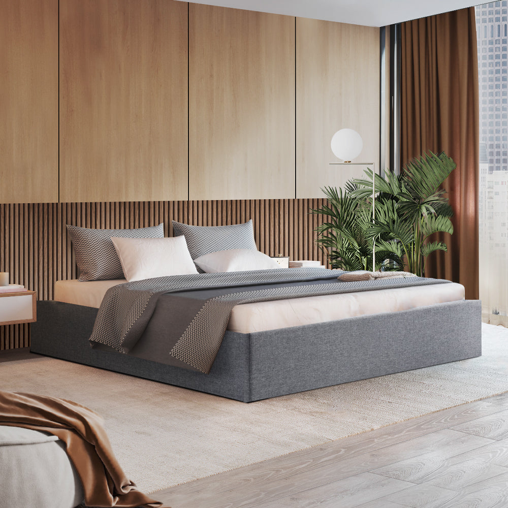 Queen Bed Frame With Gas Lift Storage - Grey Fabric Upholstery
