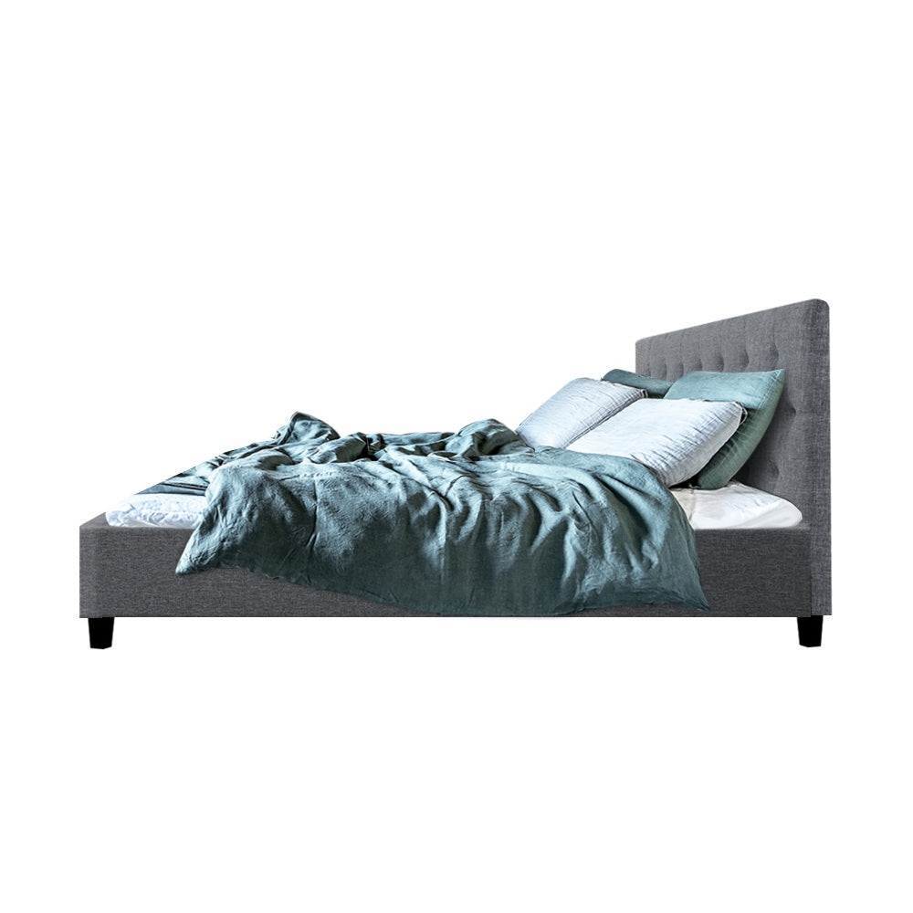 Double Size Bed Frame With Tufted Headboard - Grey Fabric