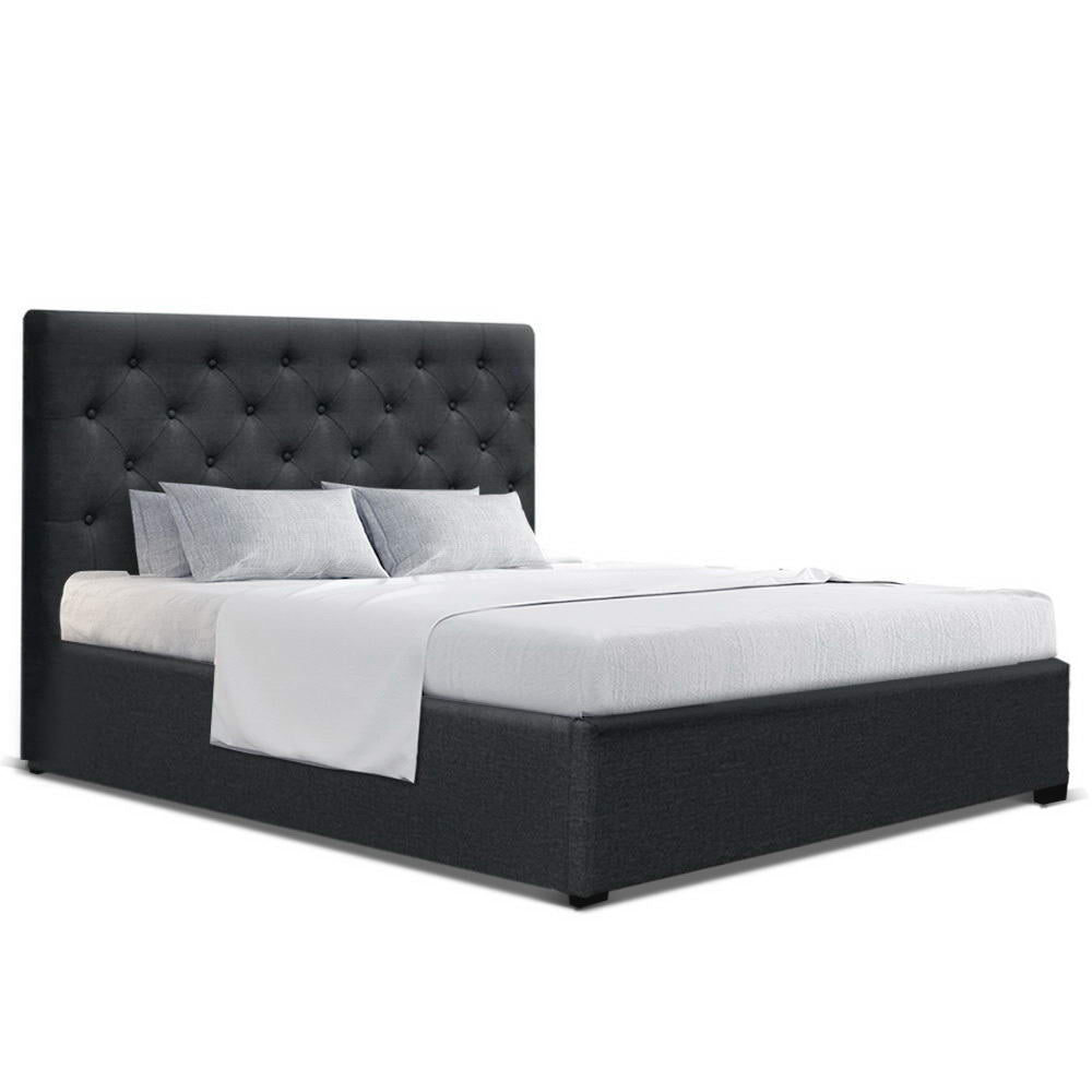 Double Size Bed Frame With Tufted Headboard And Gas Lift Storage  - Charcoal Fabric