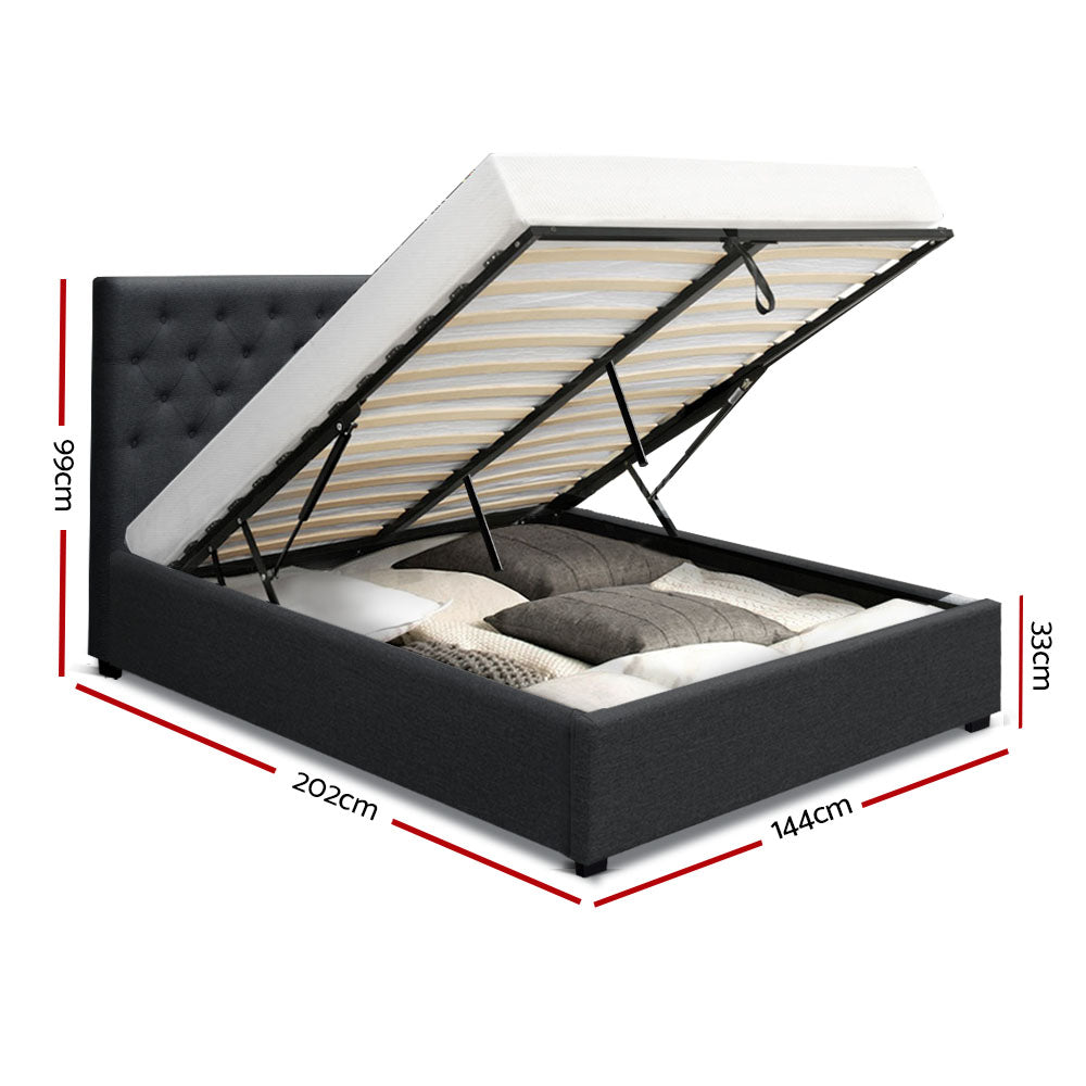 Double Size Bed Frame With Tufted Headboard And Gas Lift Storage  - Charcoal Fabric