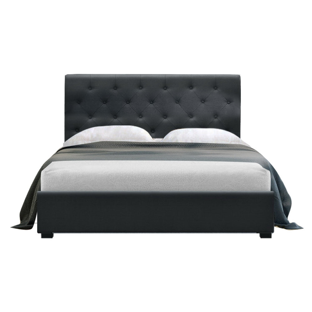 Double Size Bed Frame With Tufted Headboard And Gas Lift Storage  - Charcoal Fabric
