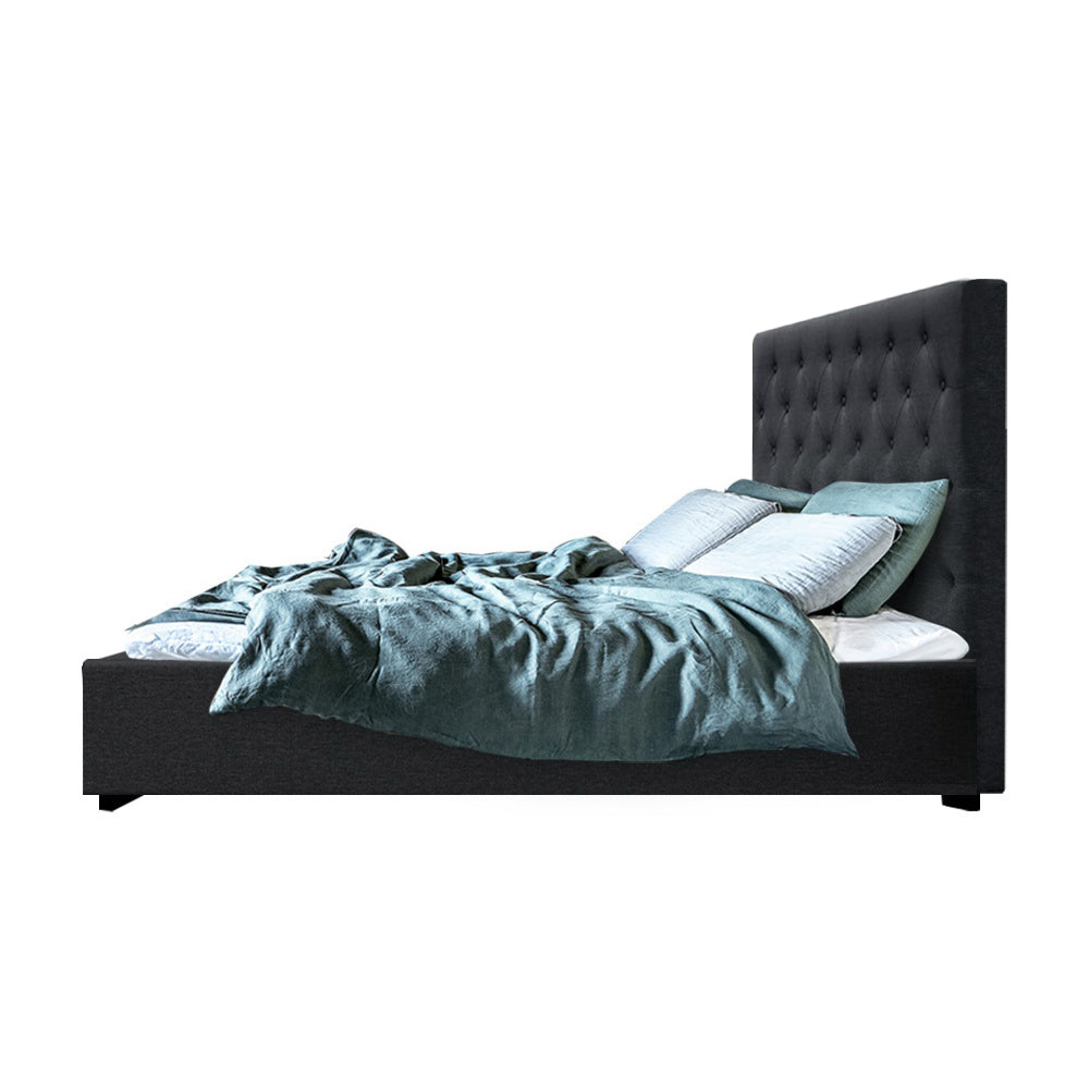 Double Size Bed Frame With Tufted Headboard And Gas Lift Storage  - Charcoal Fabric