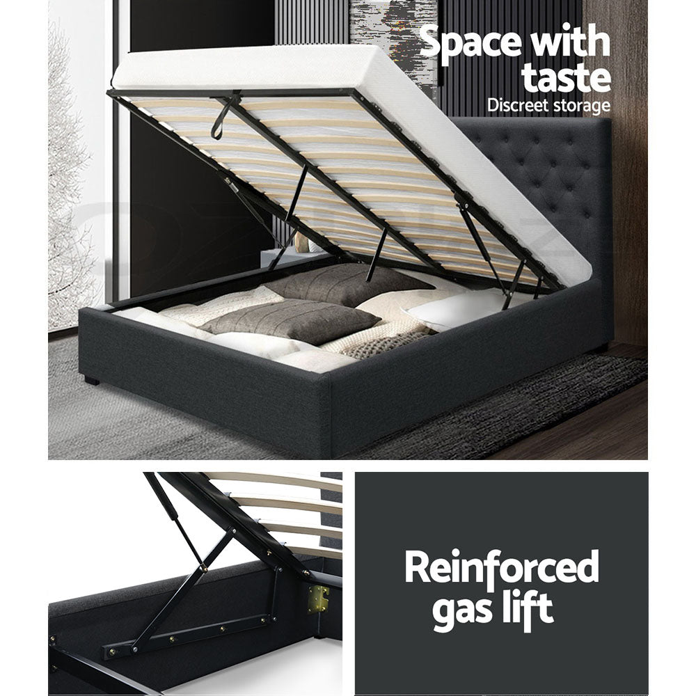 Double Size Bed Frame With Tufted Headboard And Gas Lift Storage  - Charcoal Fabric