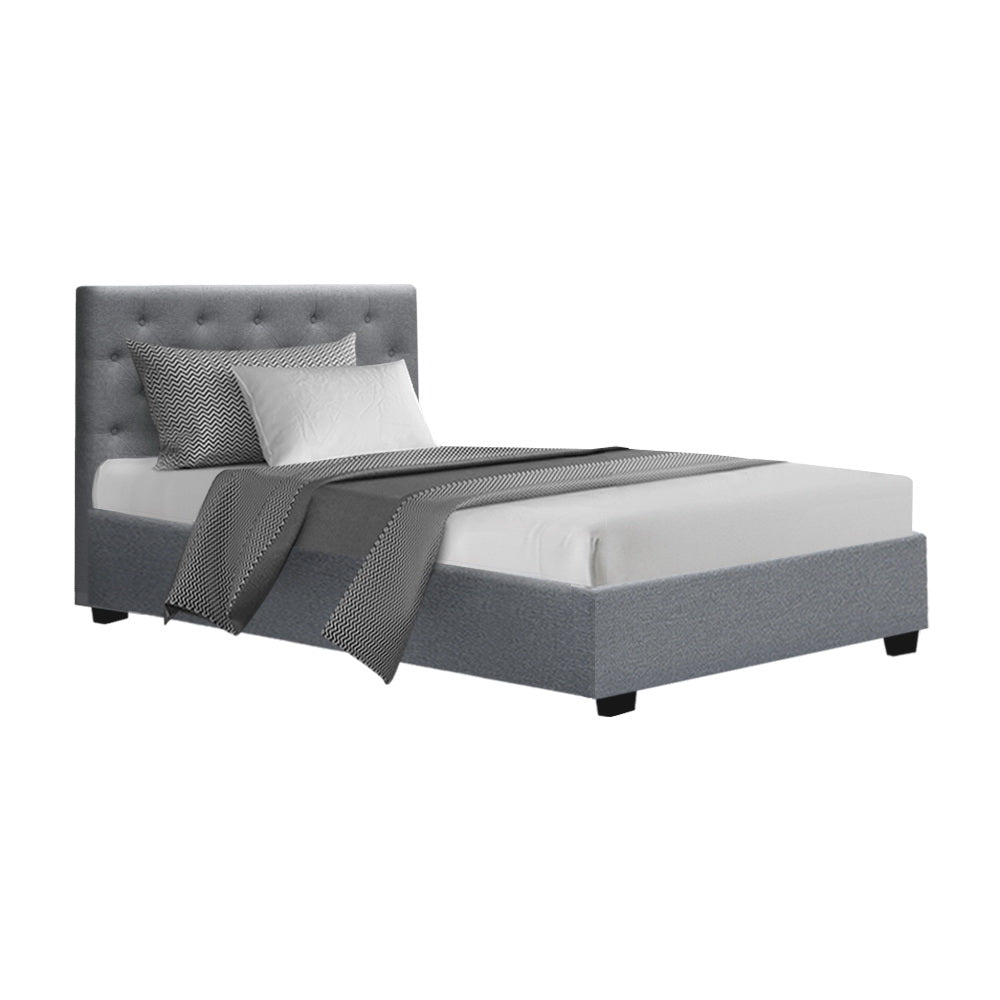 King Single Bed Frame With Gas Lift Storage and Headboard - Grey Fabric
