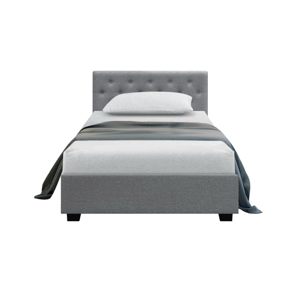 King Single Bed Frame With Gas Lift Storage and Headboard - Grey Fabric