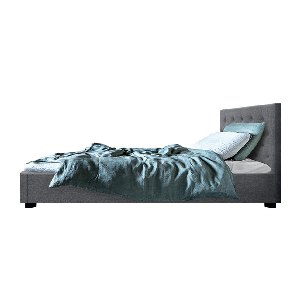 King Single Bed Frame With Gas Lift Storage and Headboard - Grey Fabric