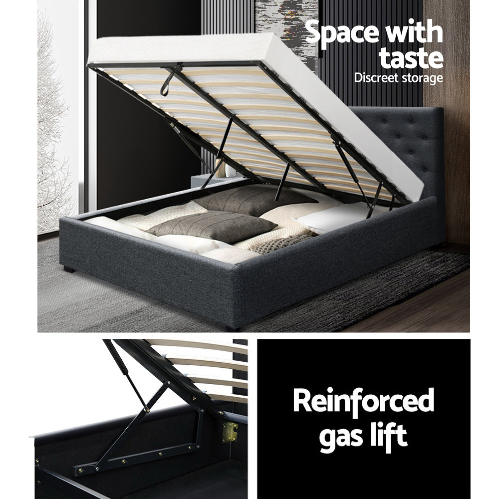 Queen Size Bed Frame With Gas Lift Storage - Charcoal Fabric