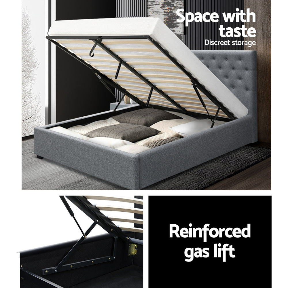 Queen Size Bed Frame With Headboard and Gas Lift Storage - Grey