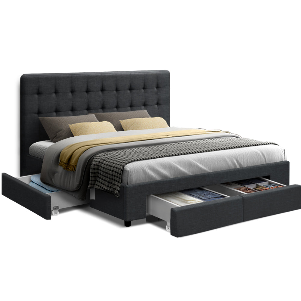 Double Size Bed Frame With Headboard and Storage Drawers - Charcoal Fabric