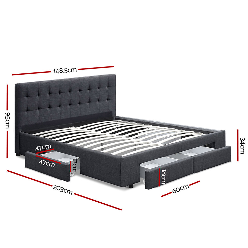 Double Size Bed Frame With Headboard and Storage Drawers - Charcoal Fabric