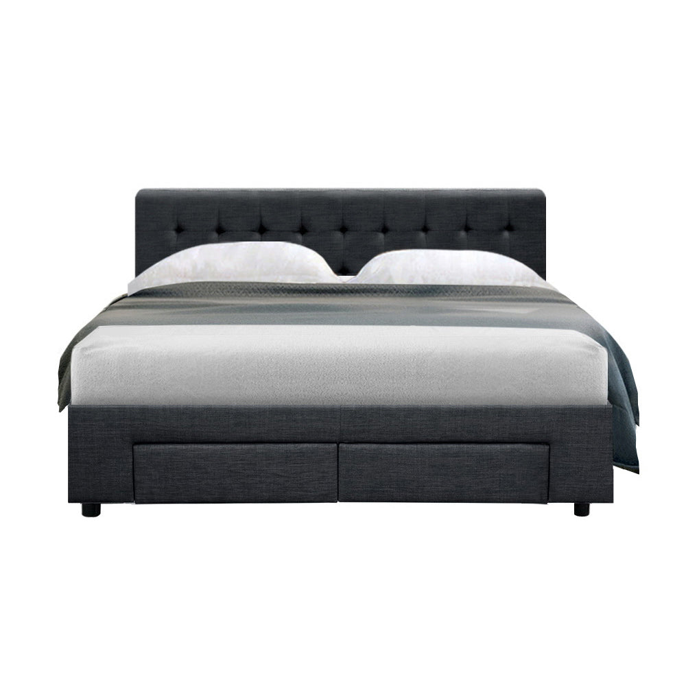 Double Size Bed Frame With Headboard and Storage Drawers - Charcoal Fabric