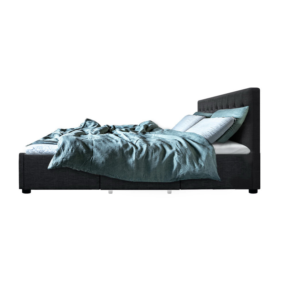 Double Size Bed Frame With Headboard and Storage Drawers - Charcoal Fabric