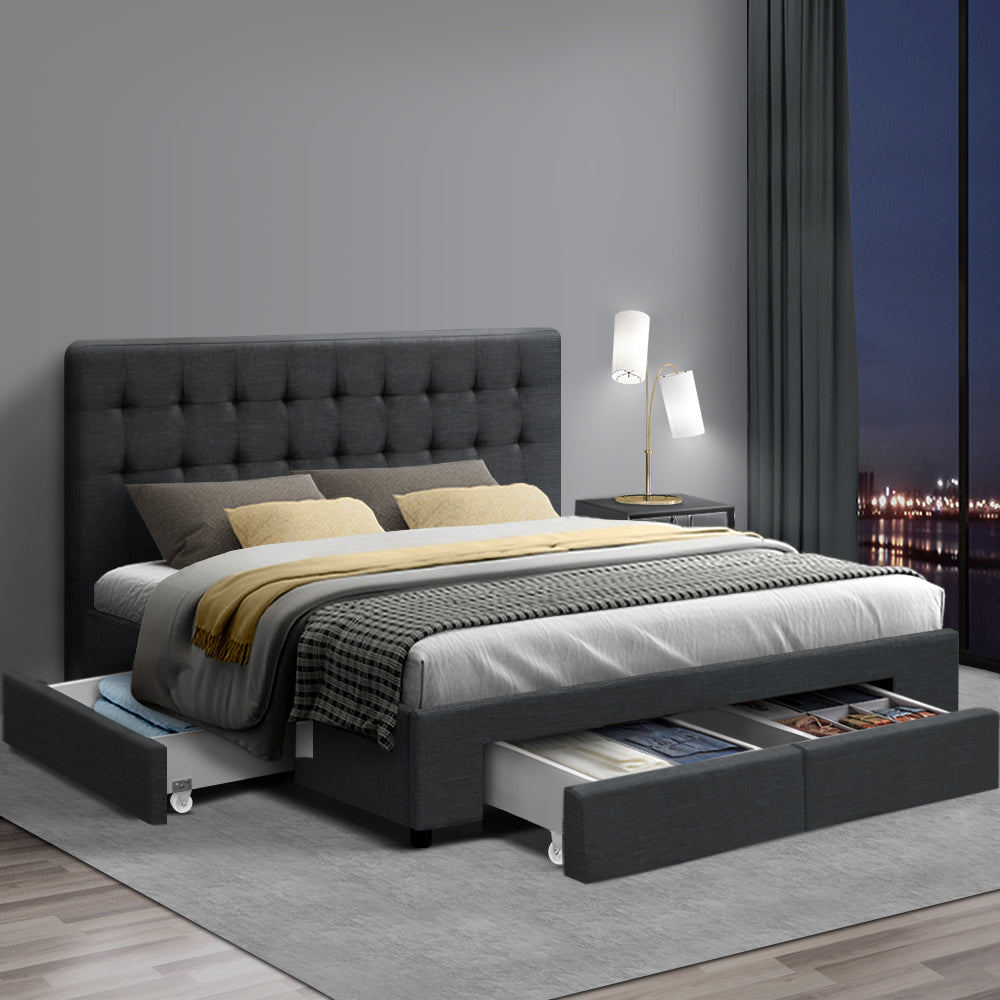 Double Size Bed Frame With Headboard and Storage Drawers - Charcoal Fabric