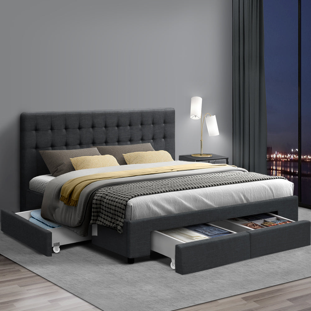 King Size Bed Frame With Bedhead and Storage Drawers - Charcoal