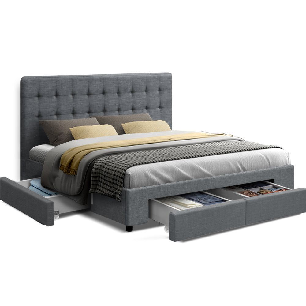 King Size Bed Frame With Tufted Headboard and Storage Drawers - Grey Fabric