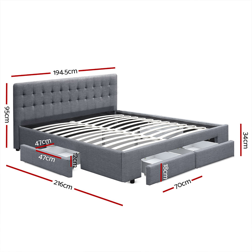 King Size Bed Frame With Tufted Headboard and Storage Drawers - Grey Fabric