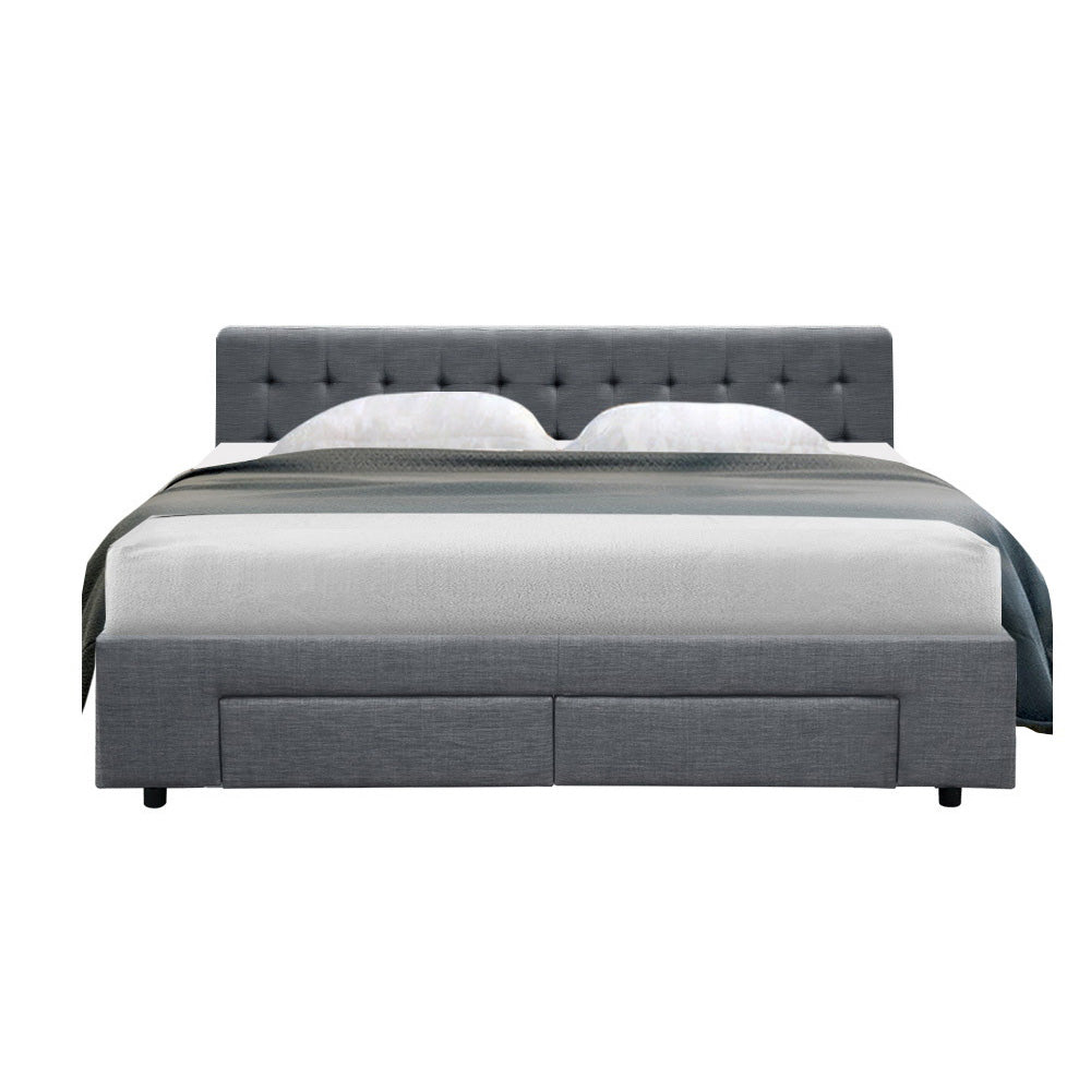 King Size Bed Frame With Tufted Headboard and Storage Drawers - Grey Fabric