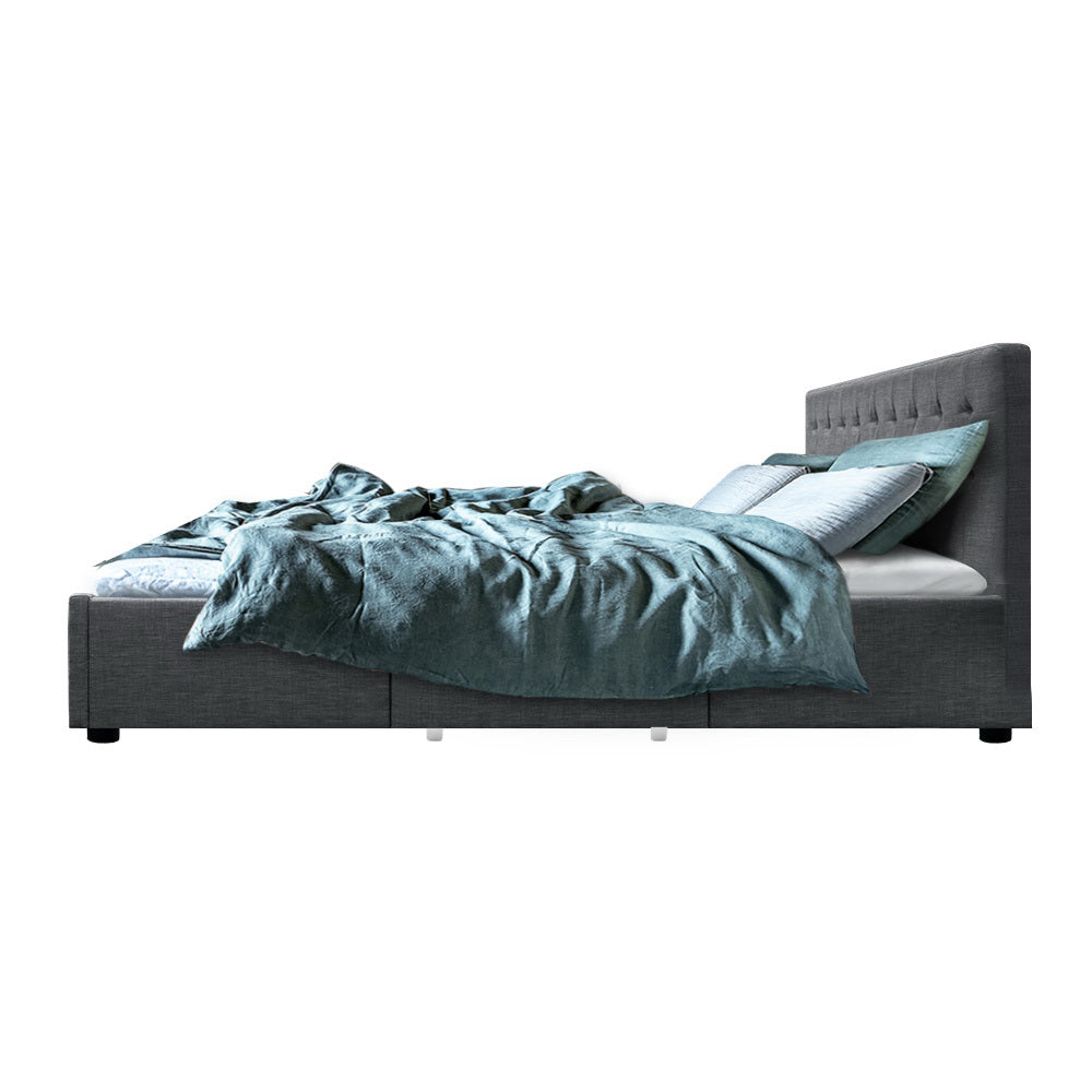 King Size Bed Frame With Tufted Headboard and Storage Drawers - Grey Fabric