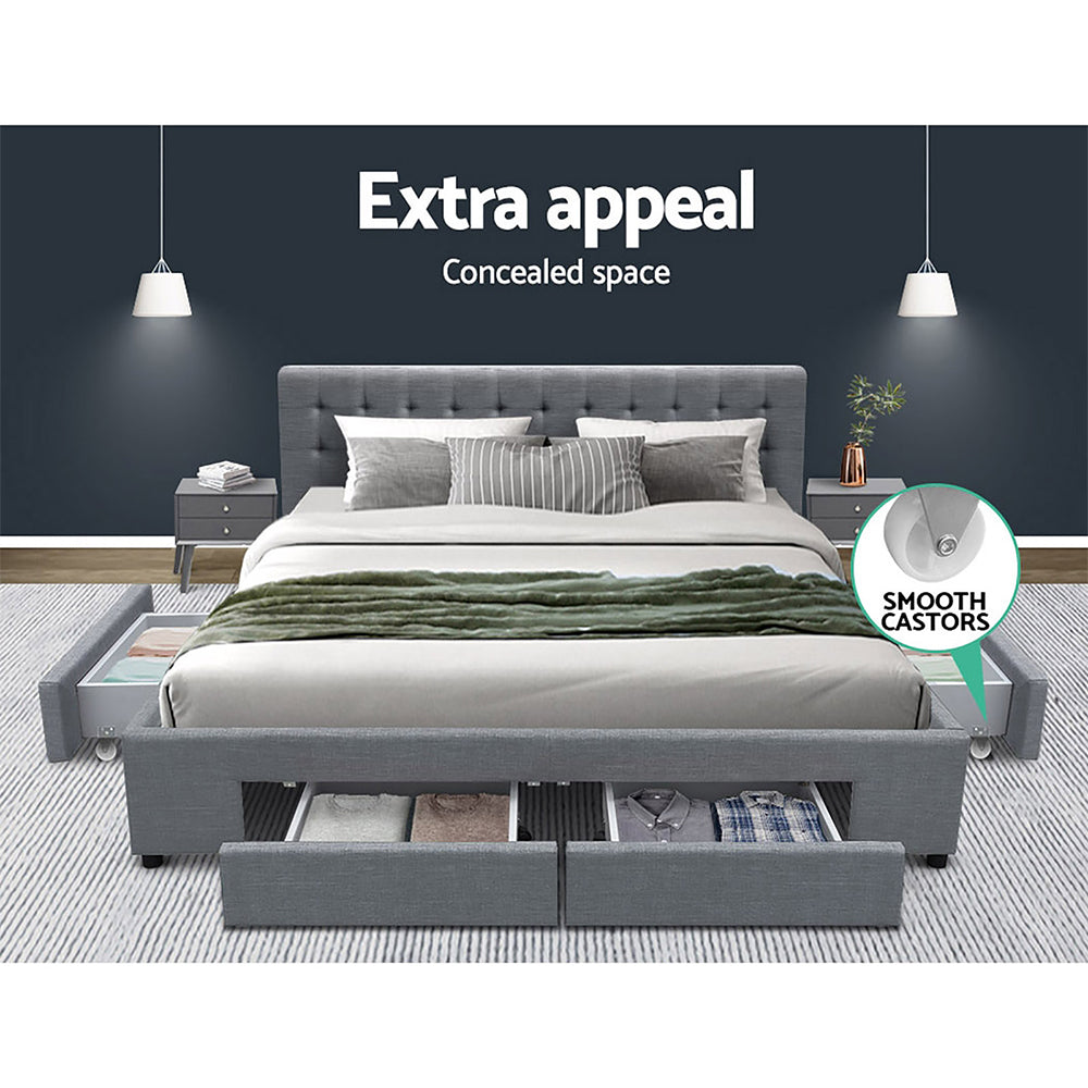 King Size Bed Frame With Tufted Headboard and Storage Drawers - Grey Fabric