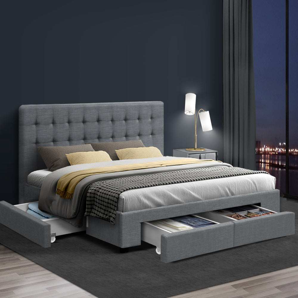 King Size Bed Frame With Tufted Headboard and Storage Drawers - Grey Fabric