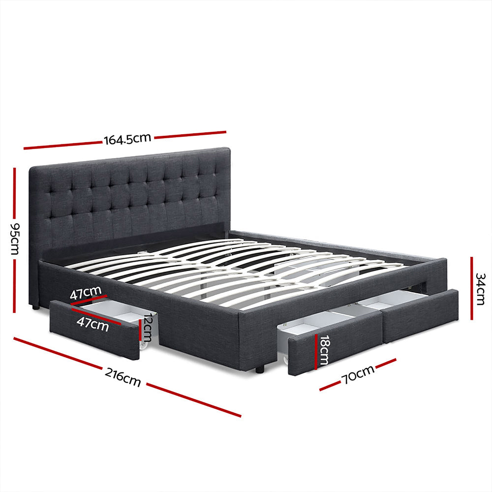 Queen Size Bed Frame with Headboard and Storage Drawers - Charcoal