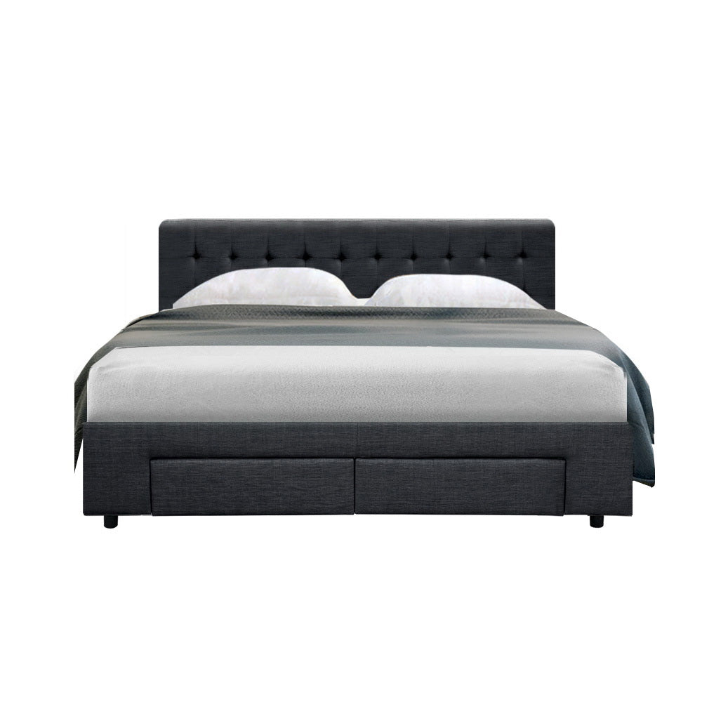 Queen Size Bed Frame with Headboard and Storage Drawers - Charcoal