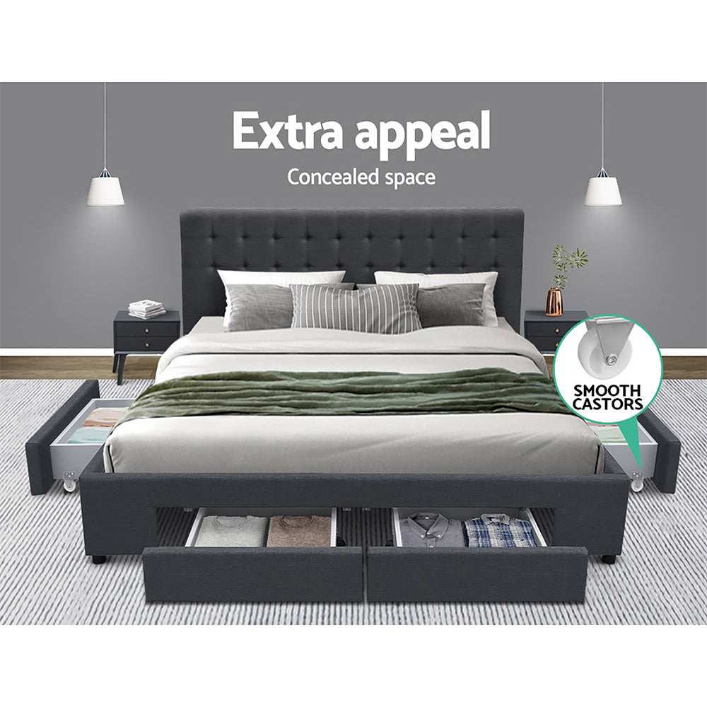 Queen Size Bed Frame with Headboard and Storage Drawers - Charcoal