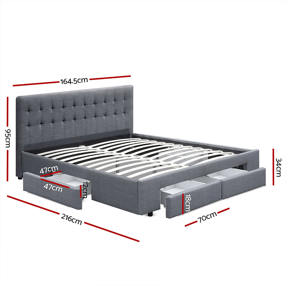 Queen Size Bed Frame With Headboard and Storage Drawers - Grey