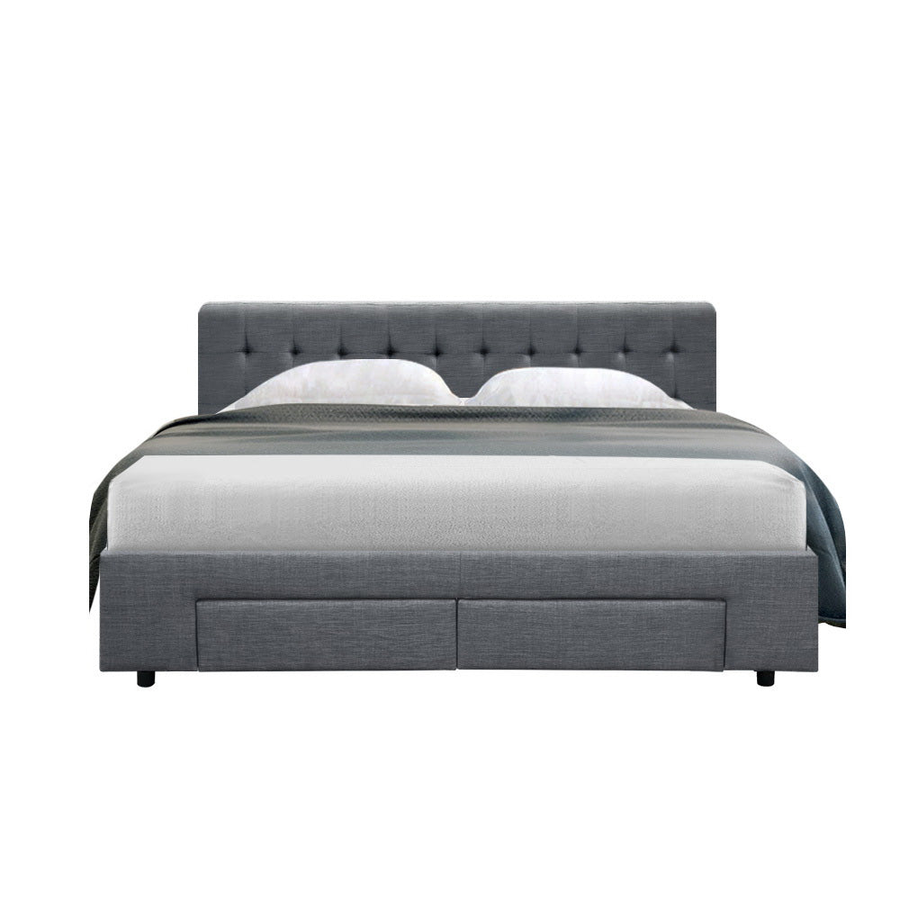 Queen Size Bed Frame With Headboard and Storage Drawers - Grey