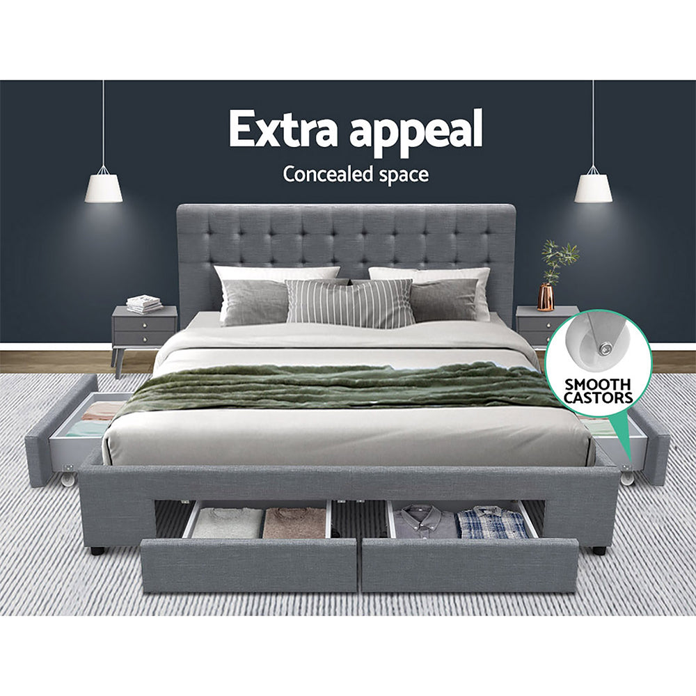 Queen Size Bed Frame With Headboard and Storage Drawers - Grey