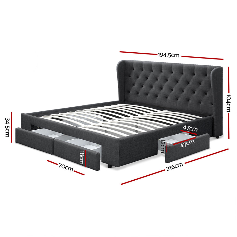 King Size Bed Frame With Headboard and Storage Drawers Fabric - Charcoal