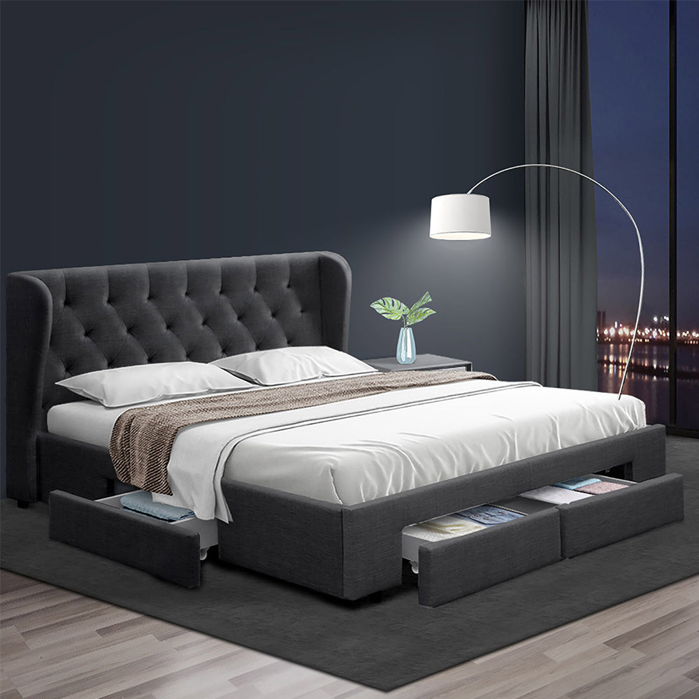 King Size Bed Frame With Headboard and Storage Drawers Fabric - Charcoal