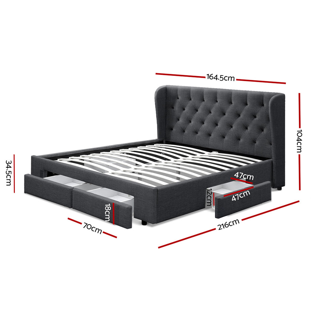 Queen Sized Bed Frame With Headboard and Storage Drawers Fabric - Charcoal