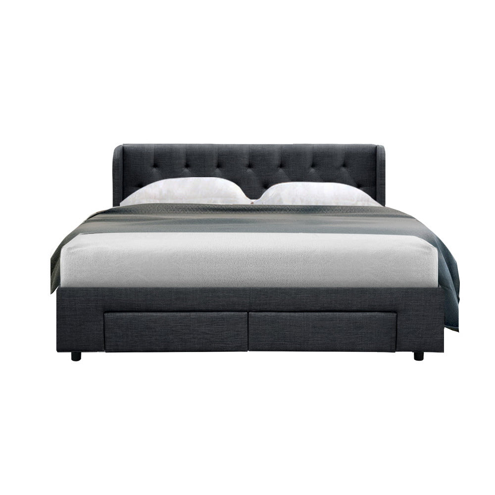 Queen Sized Bed Frame With Headboard and Storage Drawers Fabric - Charcoal