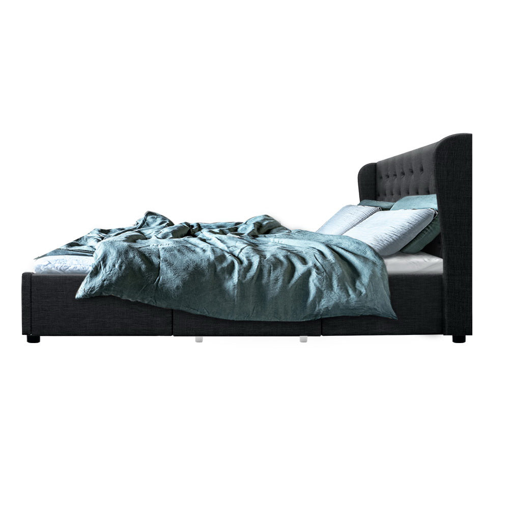 Queen Sized Bed Frame With Headboard and Storage Drawers Fabric - Charcoal