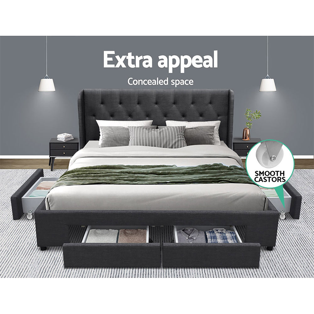 Queen Sized Bed Frame With Headboard and Storage Drawers Fabric - Charcoal