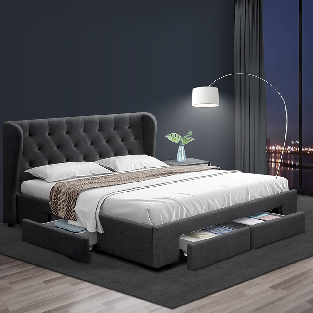 Queen Sized Bed Frame With Headboard and Storage Drawers Fabric - Charcoal
