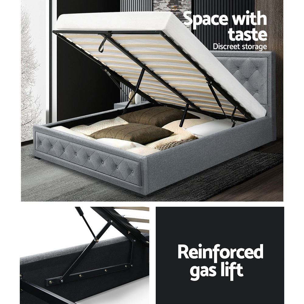 Double Bed Frame With Headboard and Gas Lift Storage - Grey