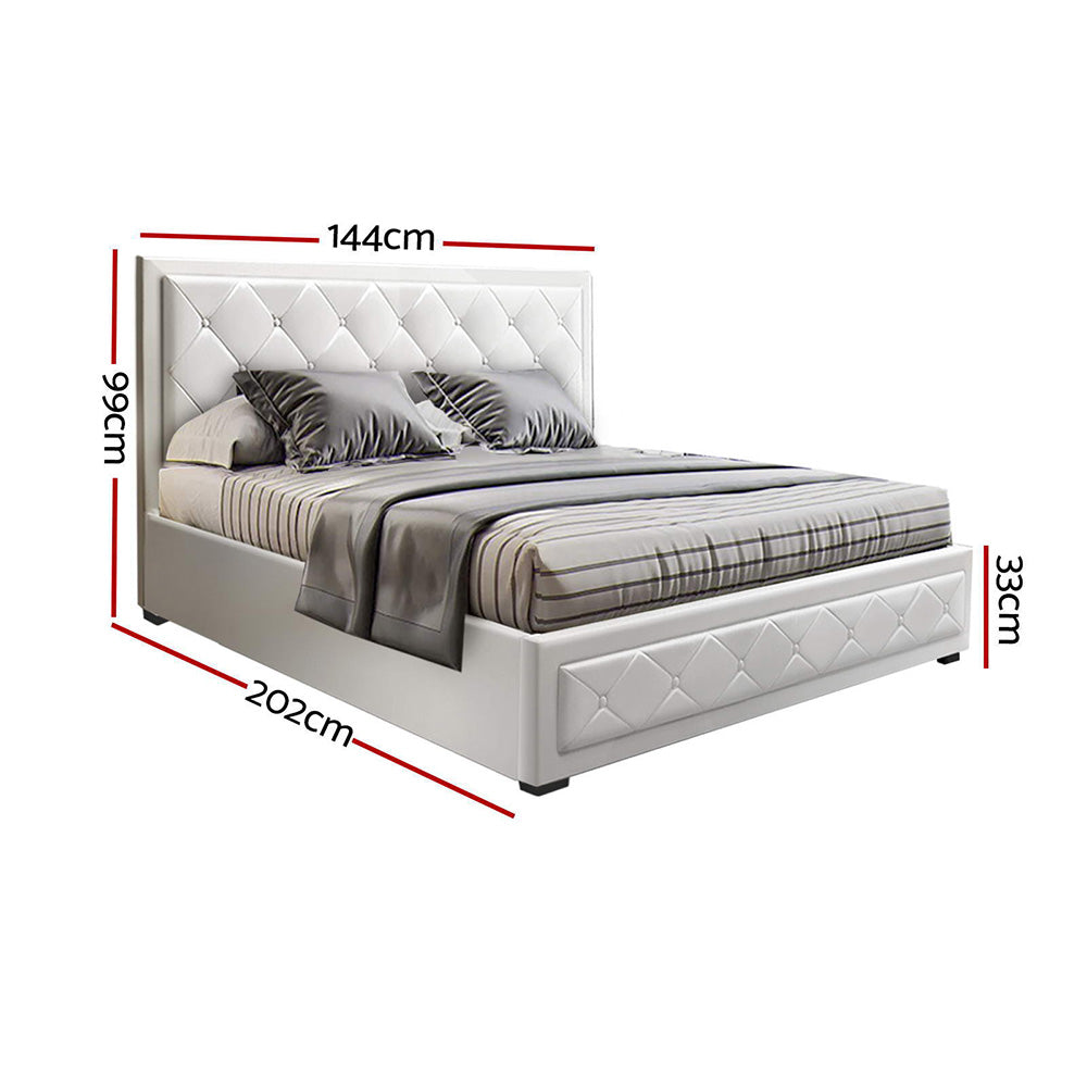 Double Size Bed Frame With Headboard and Gas Lift Storage - White