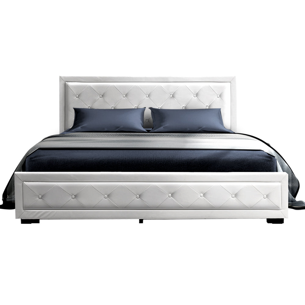 Double Size Bed Frame With Headboard and Gas Lift Storage - White