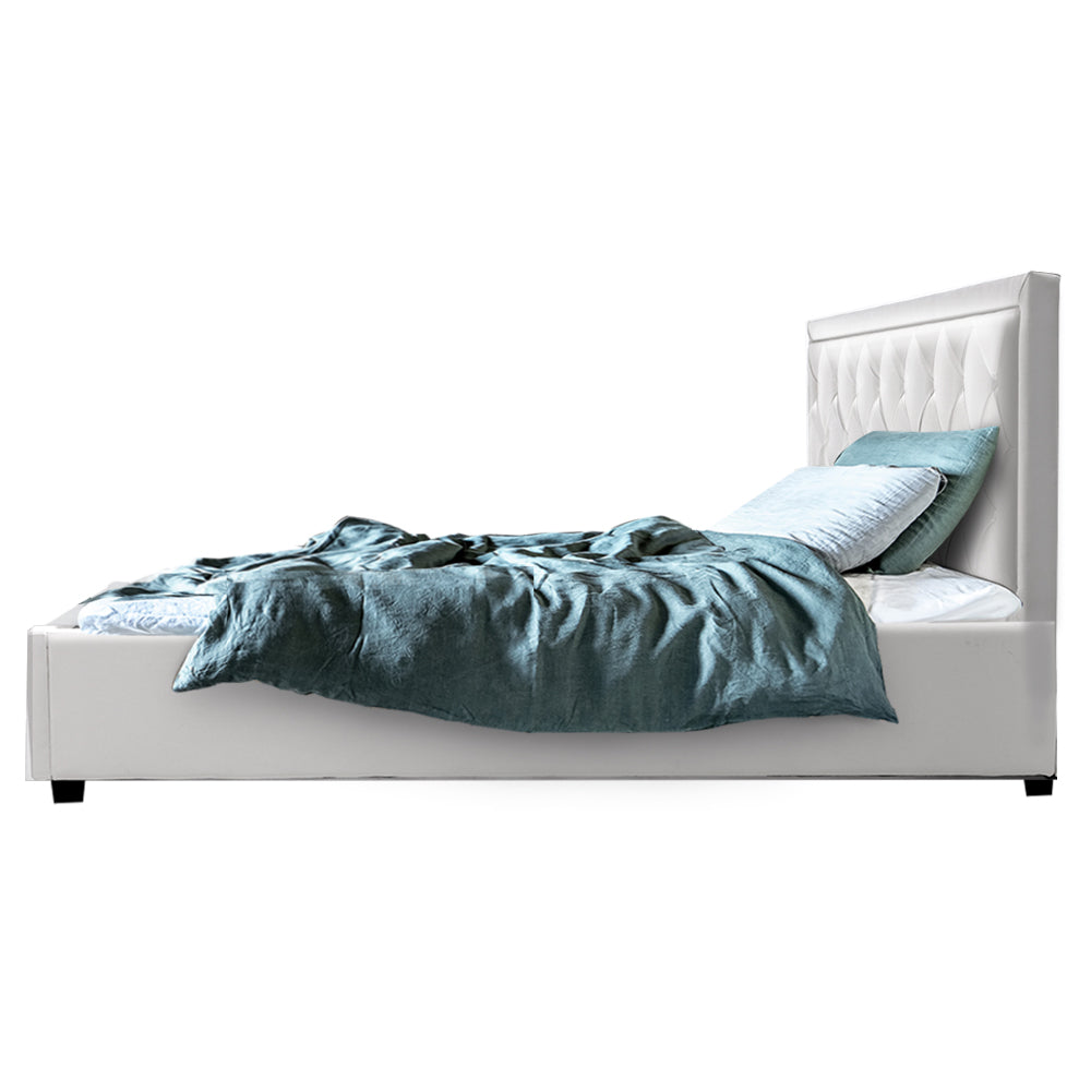 Double Size Bed Frame With Headboard and Gas Lift Storage - White