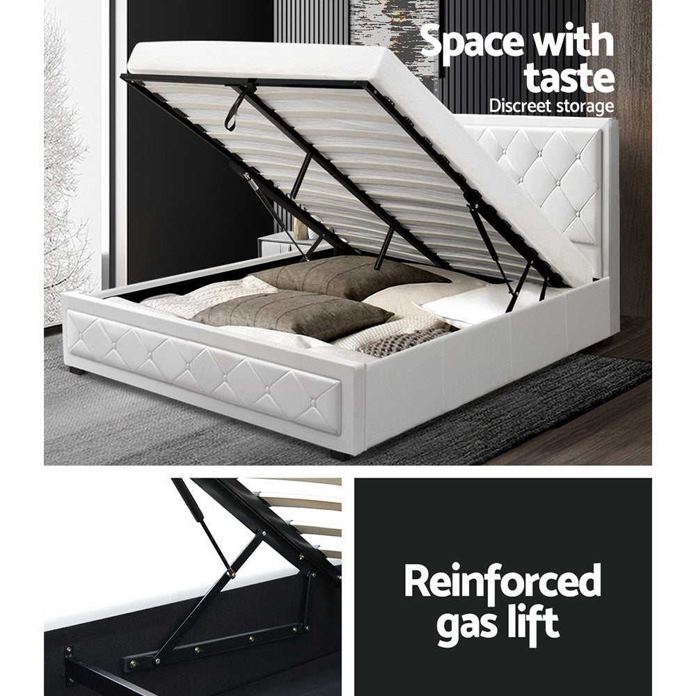 Double Size Bed Frame With Headboard and Gas Lift Storage - White