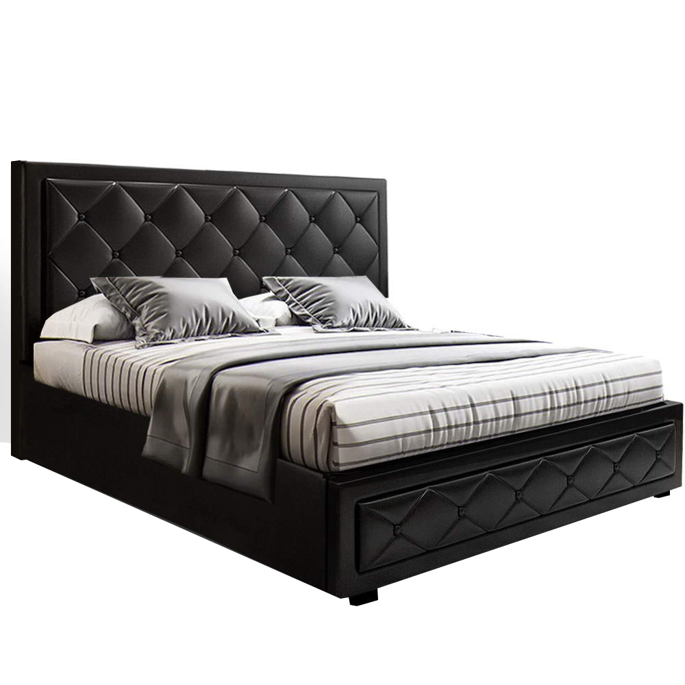 Double Size Bed Frame With Headboard and Gas Lift Storage - Black Leather
