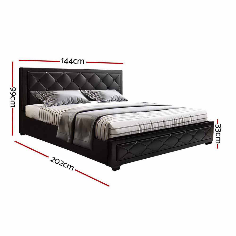 Double Size Bed Frame With Headboard and Gas Lift Storage - Black Leather
