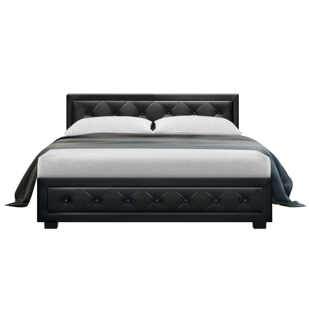 Double Size Bed Frame With Headboard and Gas Lift Storage - Black Leather