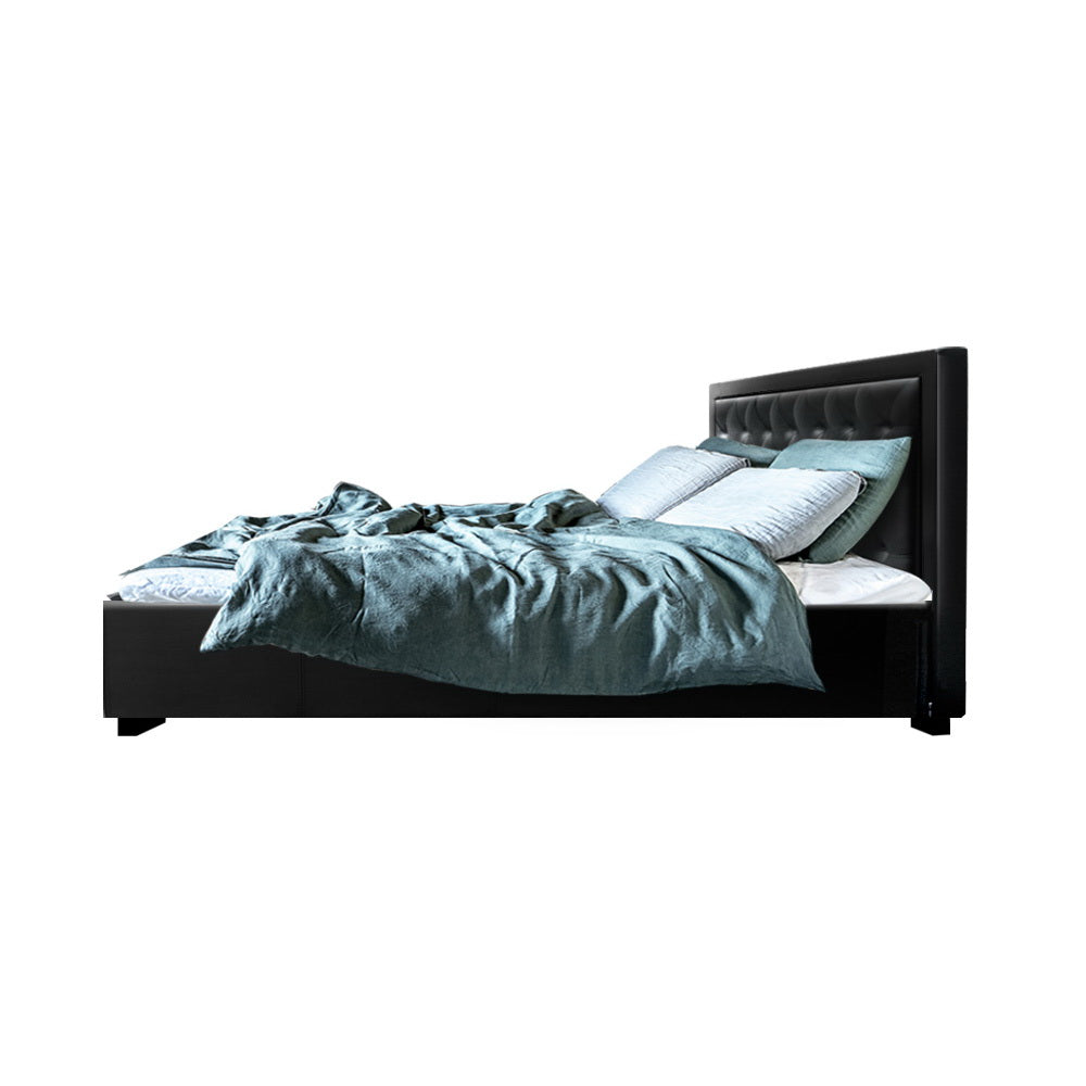 Double Size Bed Frame With Headboard and Gas Lift Storage - Black Leather