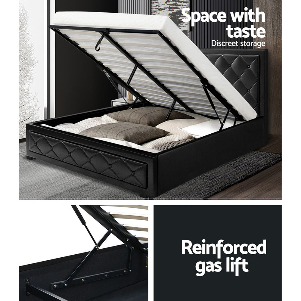 Double Size Bed Frame With Headboard and Gas Lift Storage - Black Leather